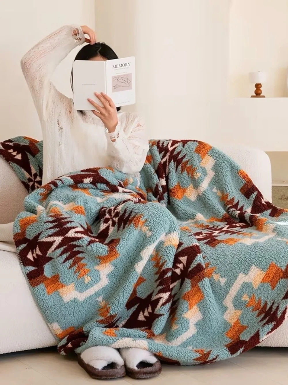 Bohemian Aztec Sherpa Throw Blanket in Teal, Rust & Cream